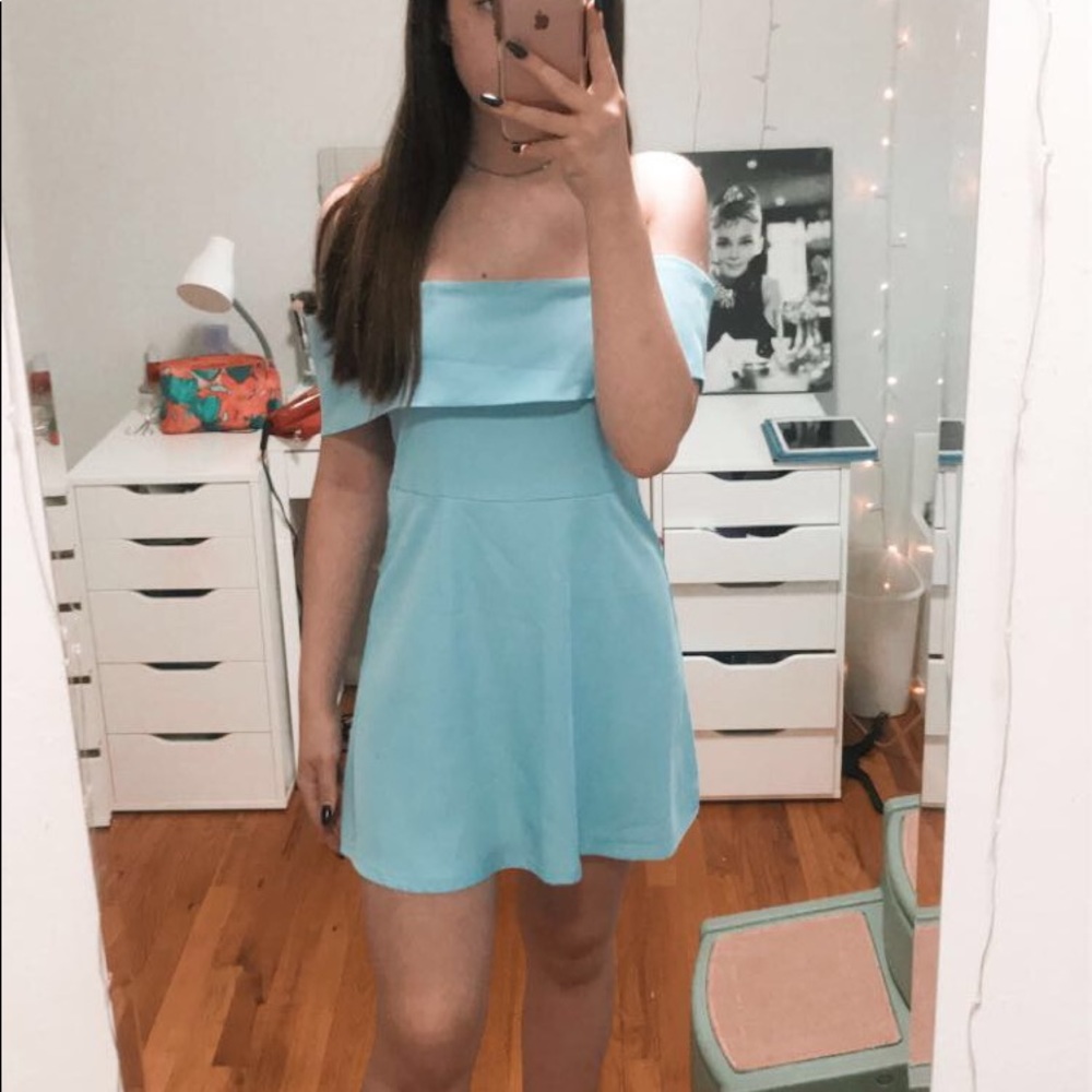 revolve blue off the shoulder fit and flare dress